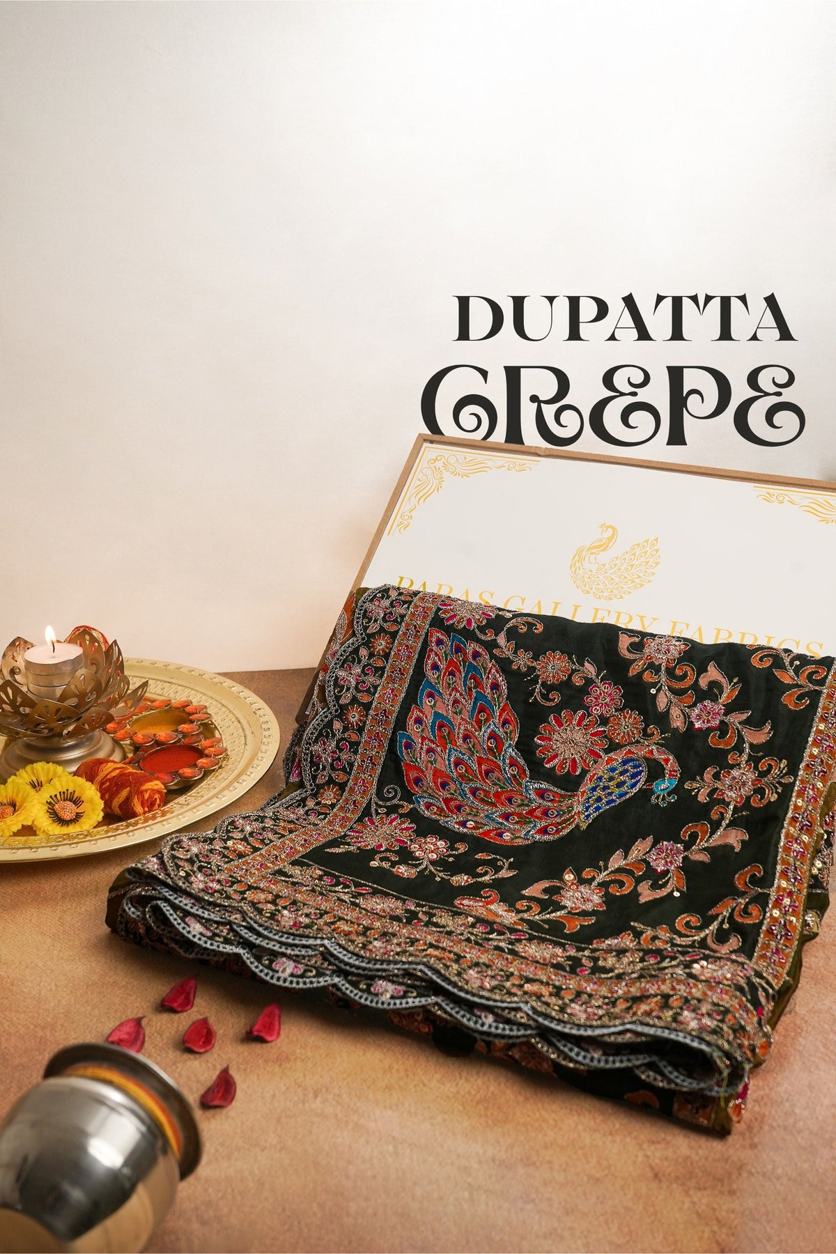 Mehendi Green Crepe Dupatta All Over Zari And Sequins Work 25072