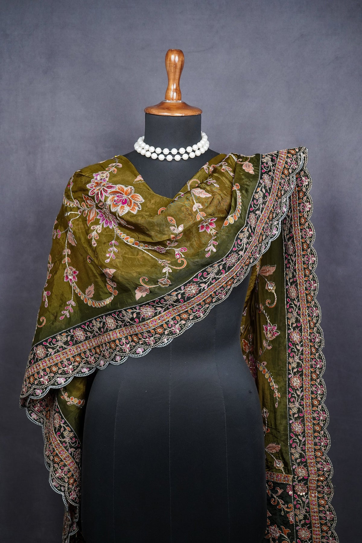 Mehendi Green Crepe Dupatta All Over Zari And Sequins Work 25072
