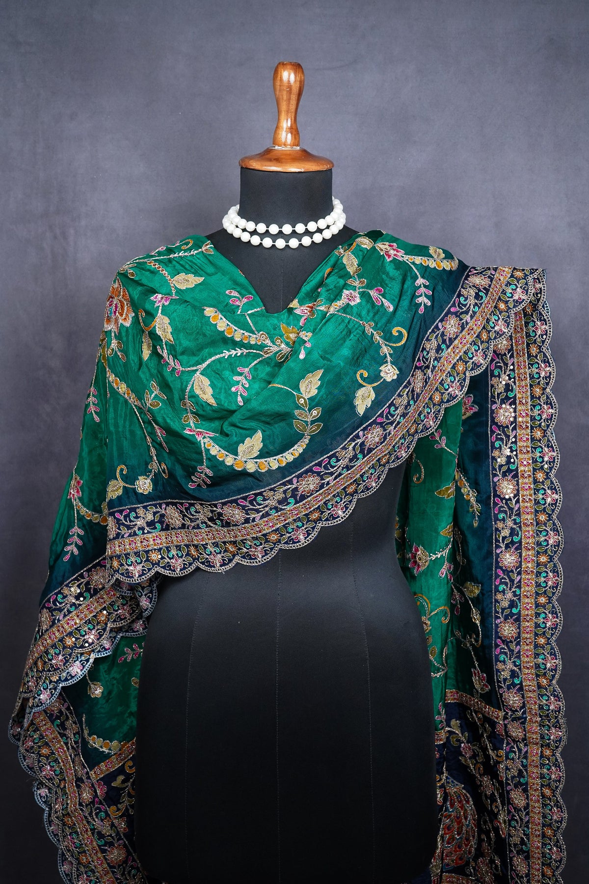 Rama Green Crepe Dupatta All Over Zari And Sequins Work 25073