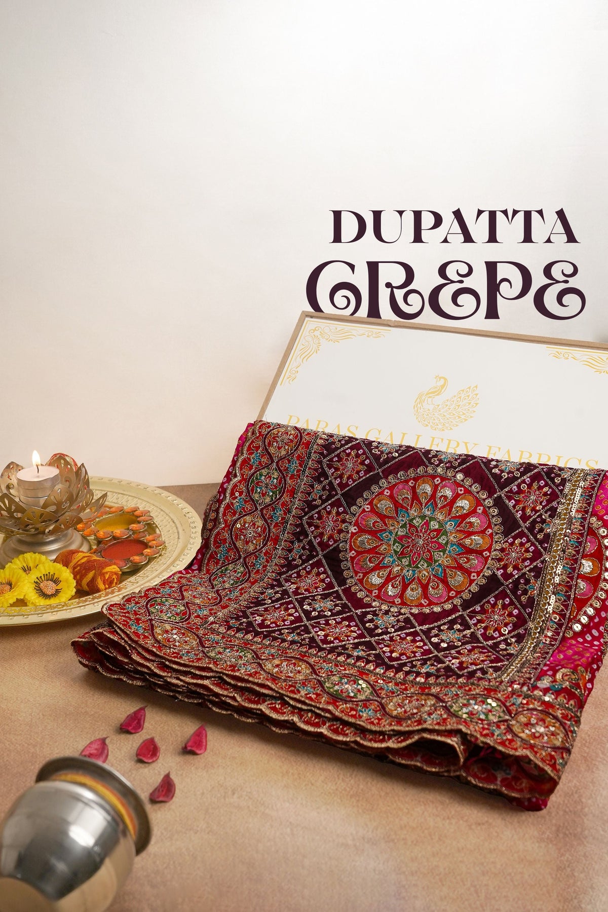 Wine Crepe Dupatta All Over Zari And Sequins Work 25075