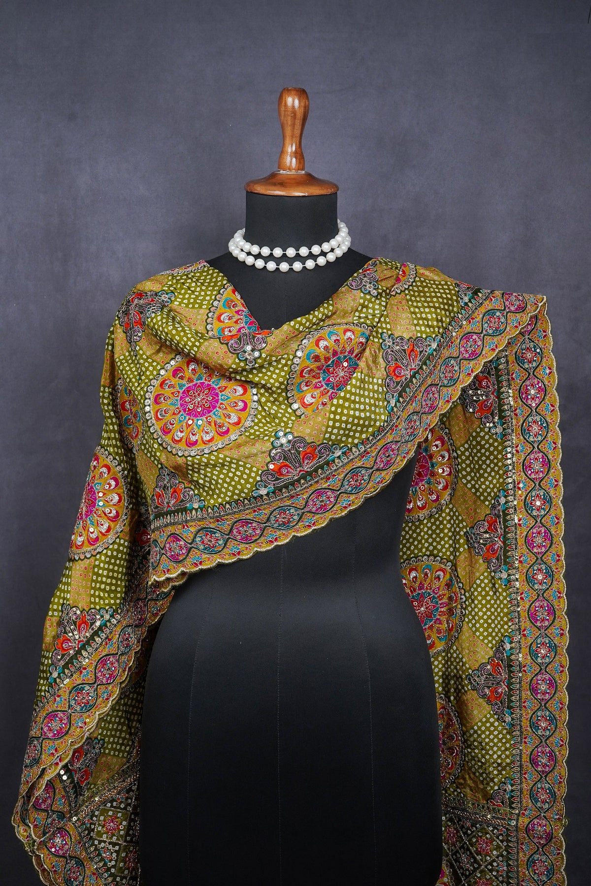 Mehendi Green Crepe Dupatta All Over Zari And Sequins Work 25077