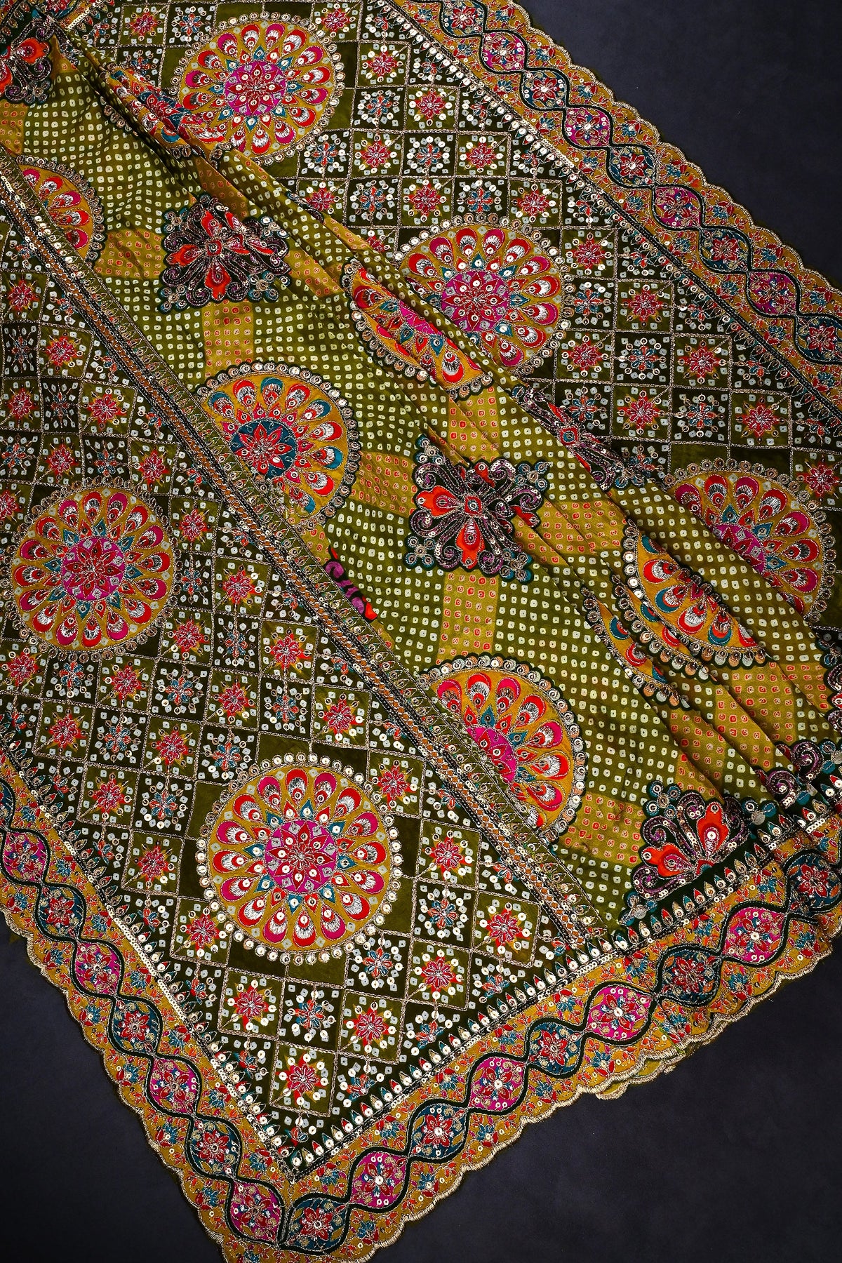 Mehendi Green Crepe Dupatta All Over Zari And Sequins Work 25077