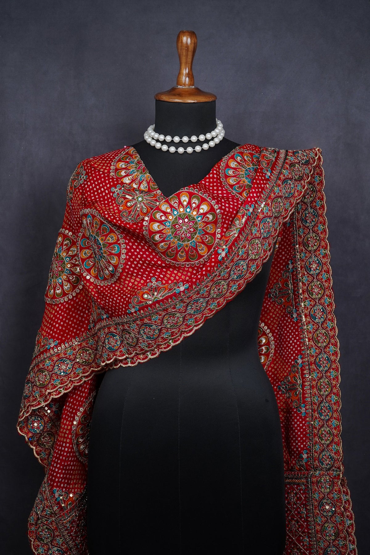 Red Crepe Dupatta All Over Zari And Sequins Work 25078