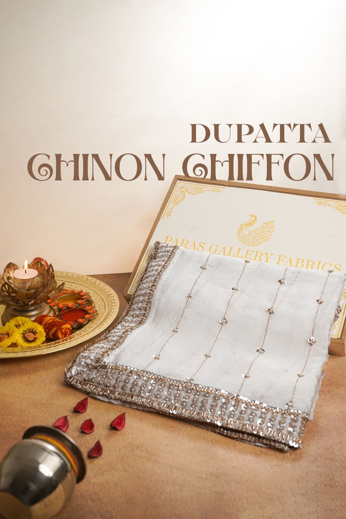 White Dyeable Chinon Chiffon Dupatta All Over Zari, Sequins And Katdana Work 25080