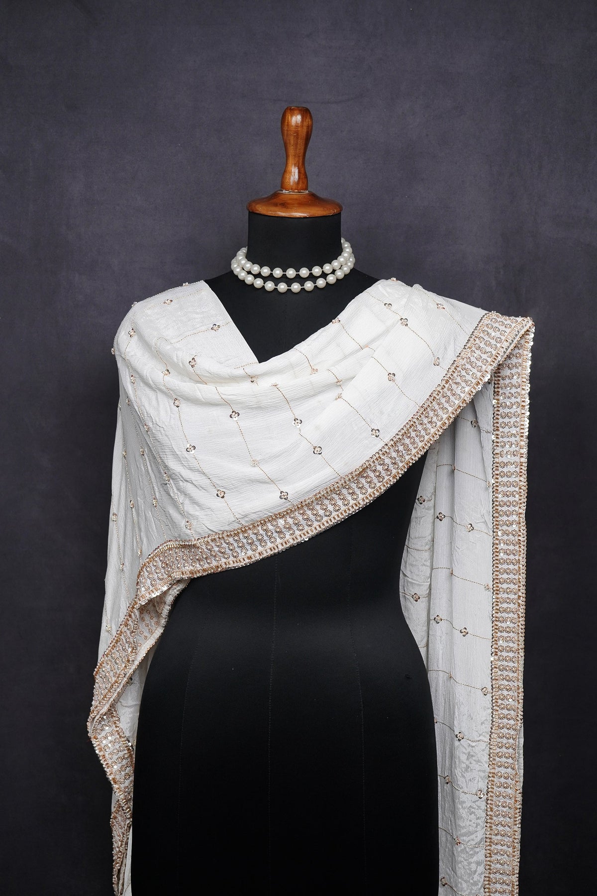 White Dyeable Chinon Chiffon Dupatta All Over Zari, Sequins And Katdana Work 25080