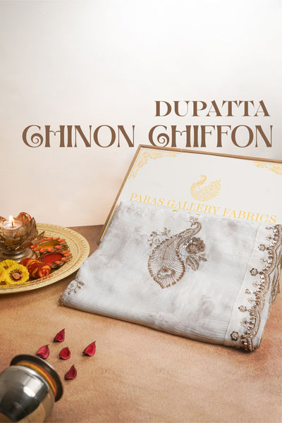 White Dyeable Chinon Chiffon Dupatta All Over Zari, Sequins And Katdana Work 25081