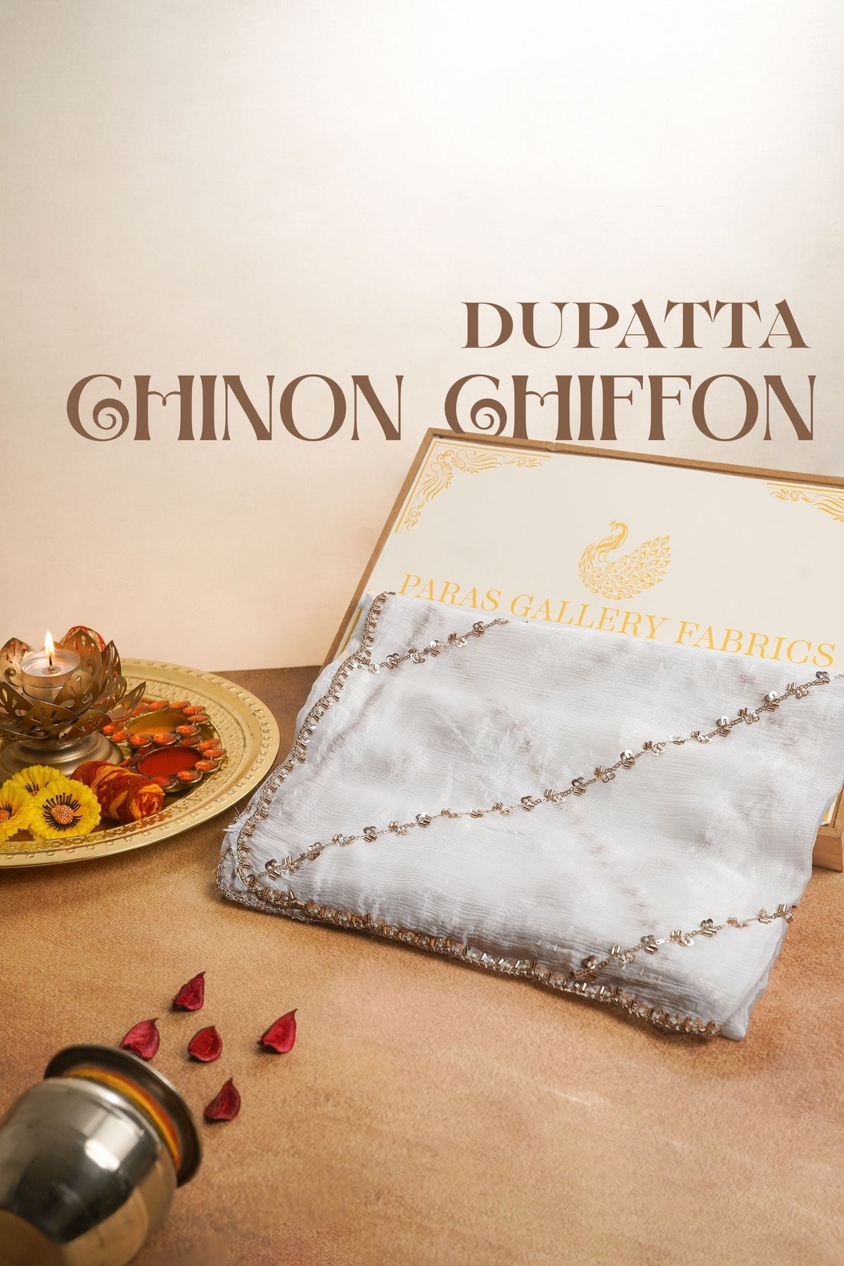 White Dyeable Chinon Chiffon Dupatta All Over Sequins And Katdana Work 25082