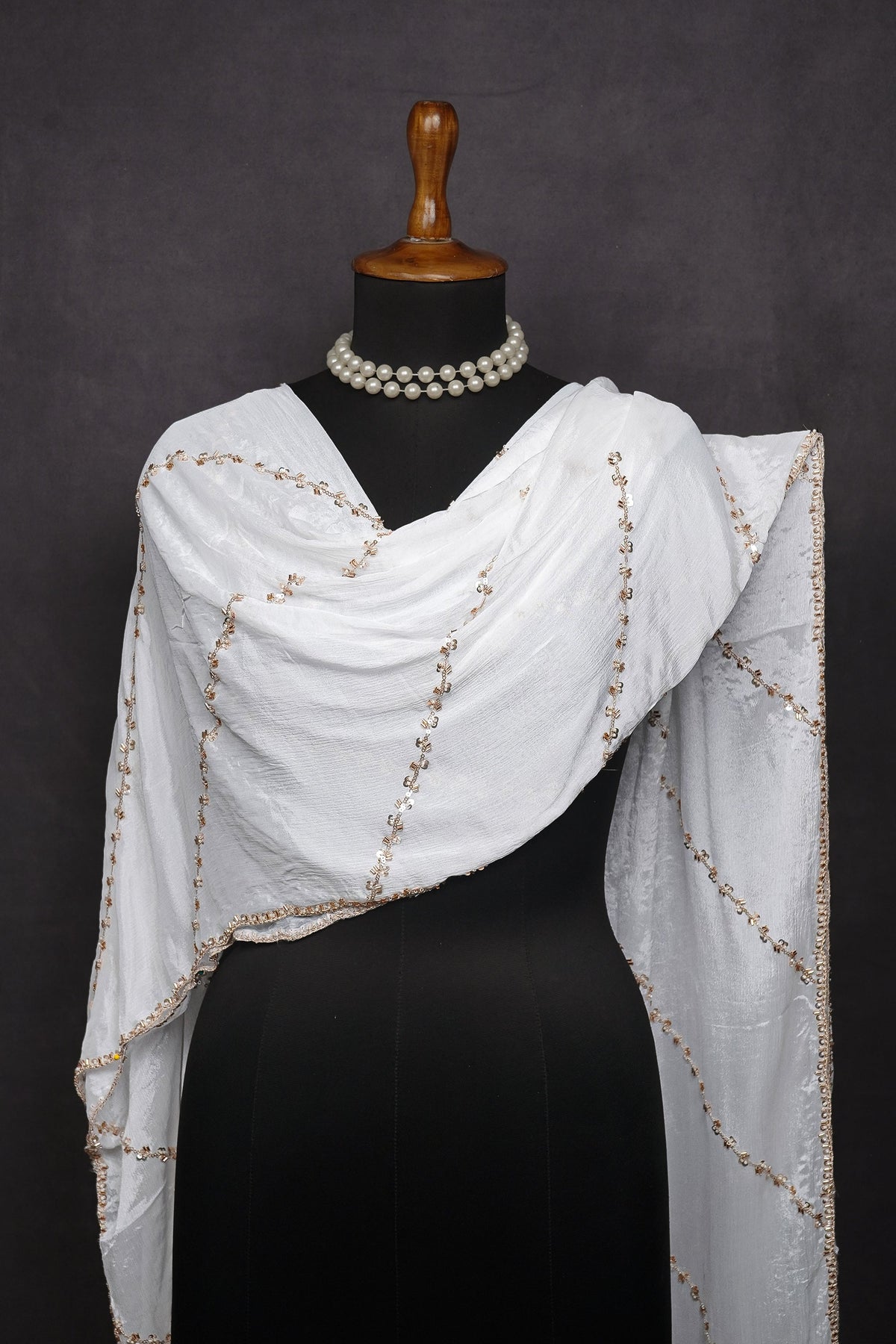 White Dyeable Chinon Chiffon Dupatta All Over Sequins And Katdana Work 25082