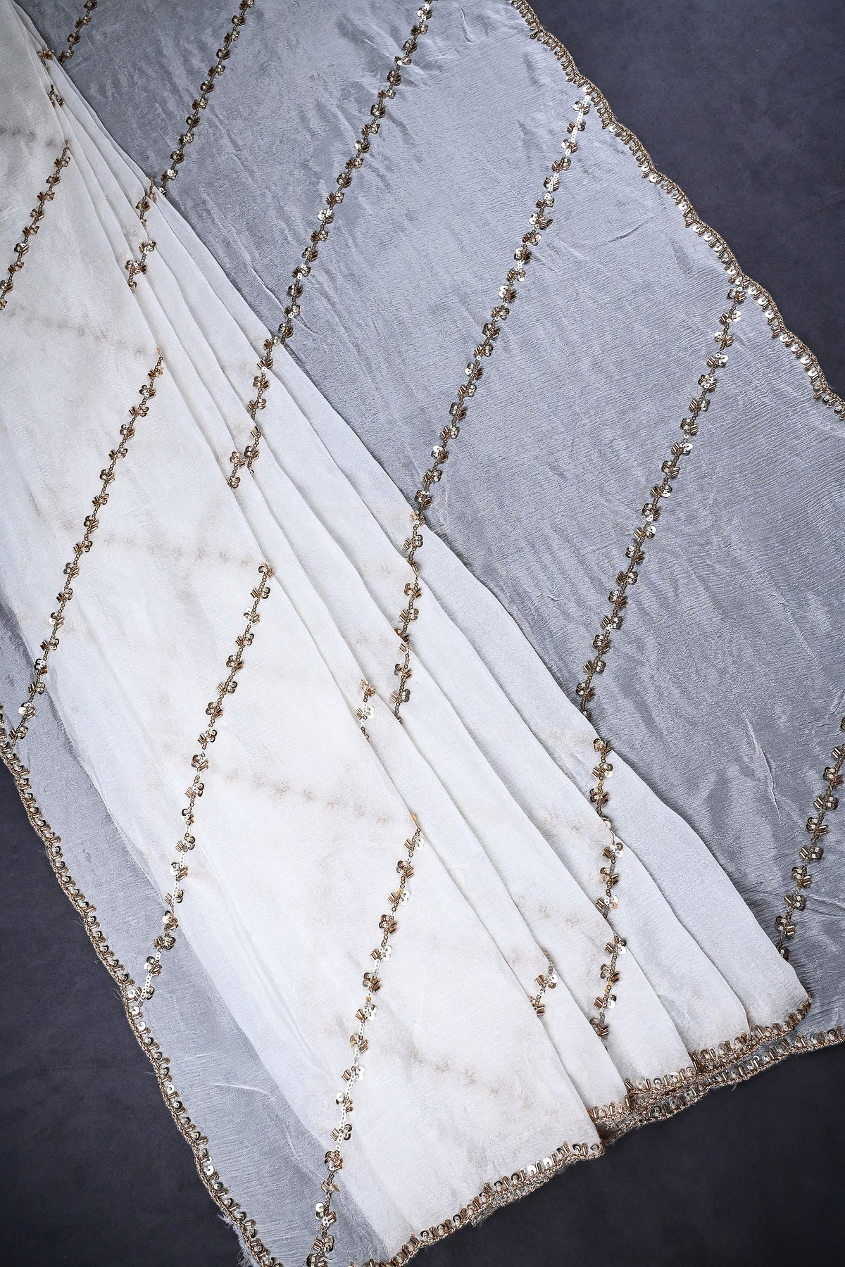 White Dyeable Chinon Chiffon Dupatta All Over Sequins And Katdana Work 25082