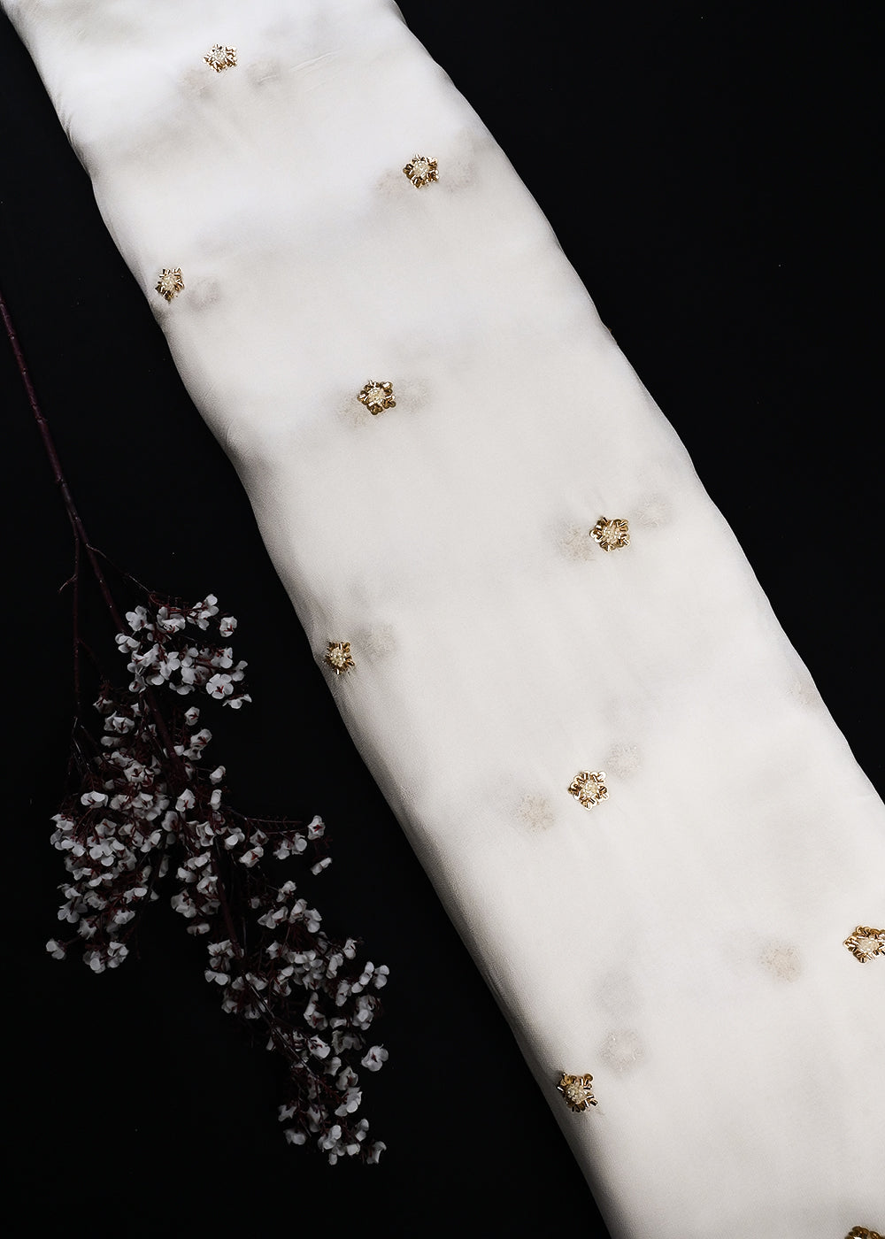 White Dyeable Georgette Fabric With All Over Buti Of Sequins And Katdana Work 25112