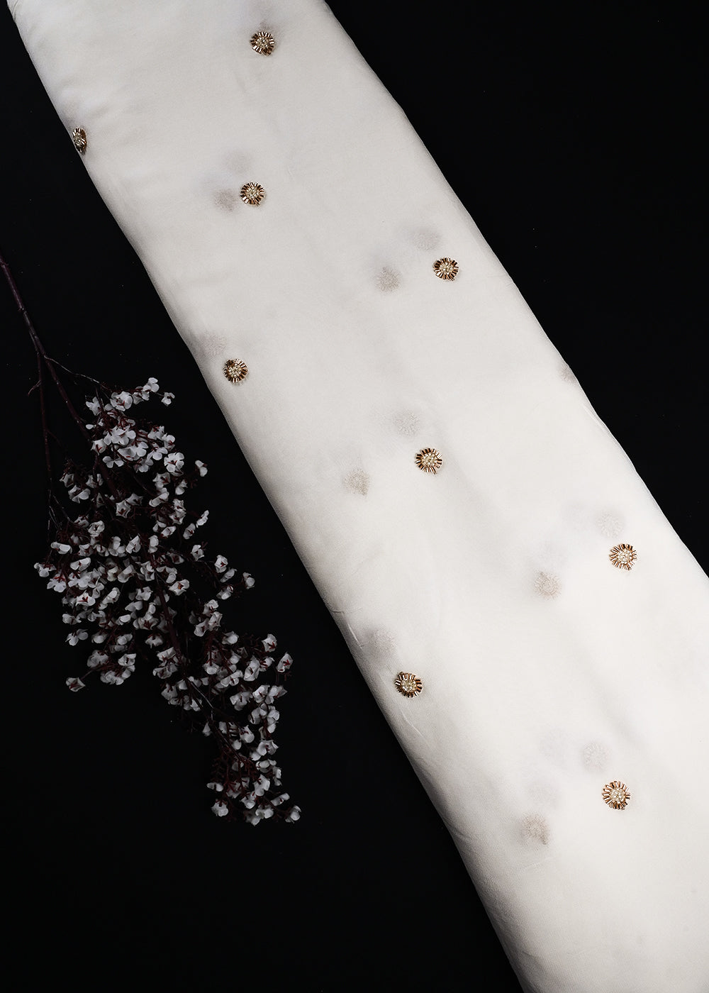White Dyeable Georgette Fabric With All Over Buti Of Katdana Work 25113