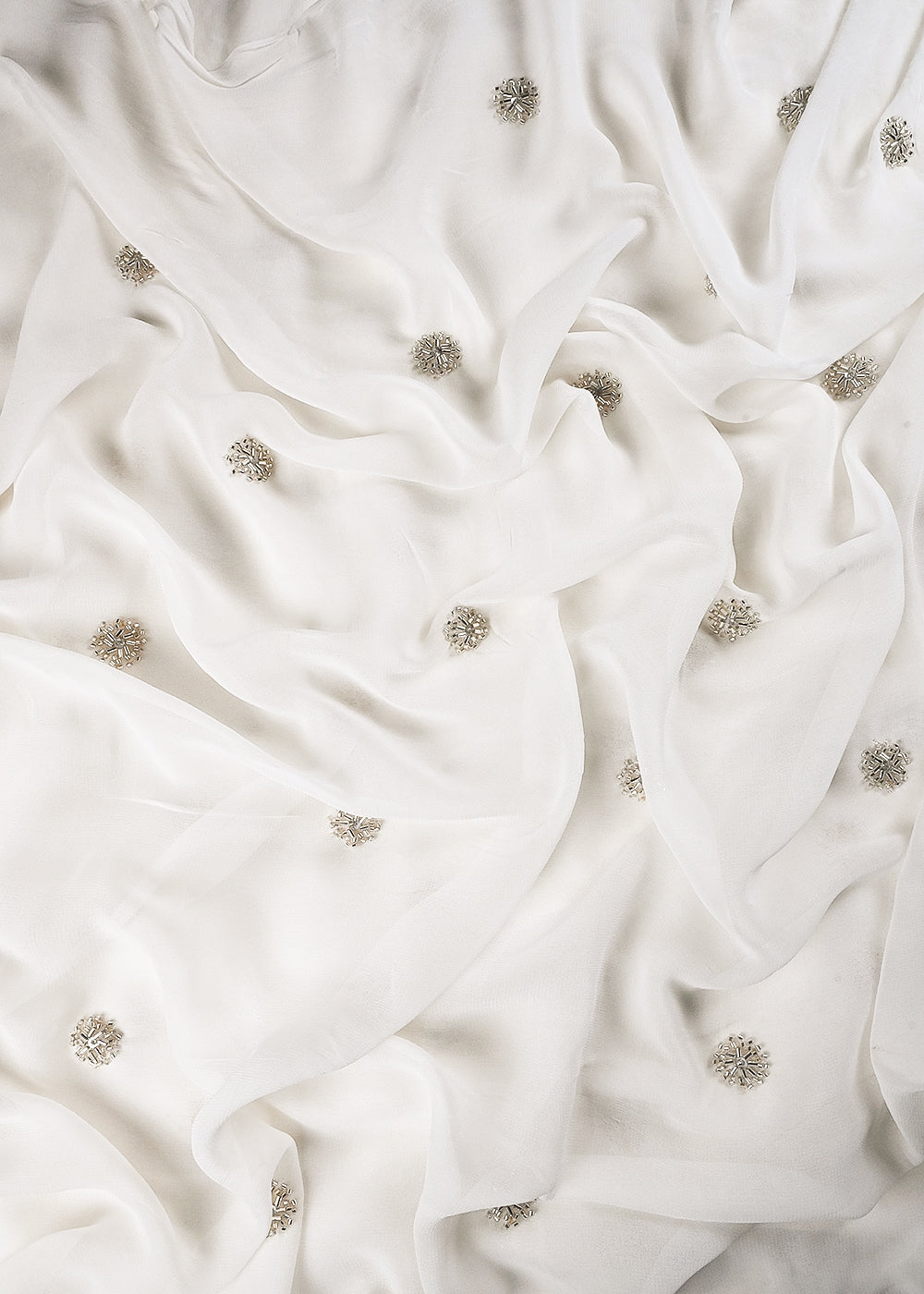 White Dyeable Georgette Fabric With All Over Buti Of Silver Sequins And Katdana Work 25114