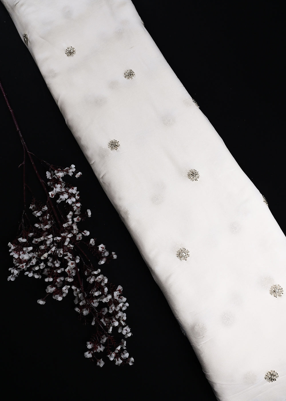 White Dyeable Georgette Fabric With All Over Buti Of Silver Sequins And Katdana Work 25114