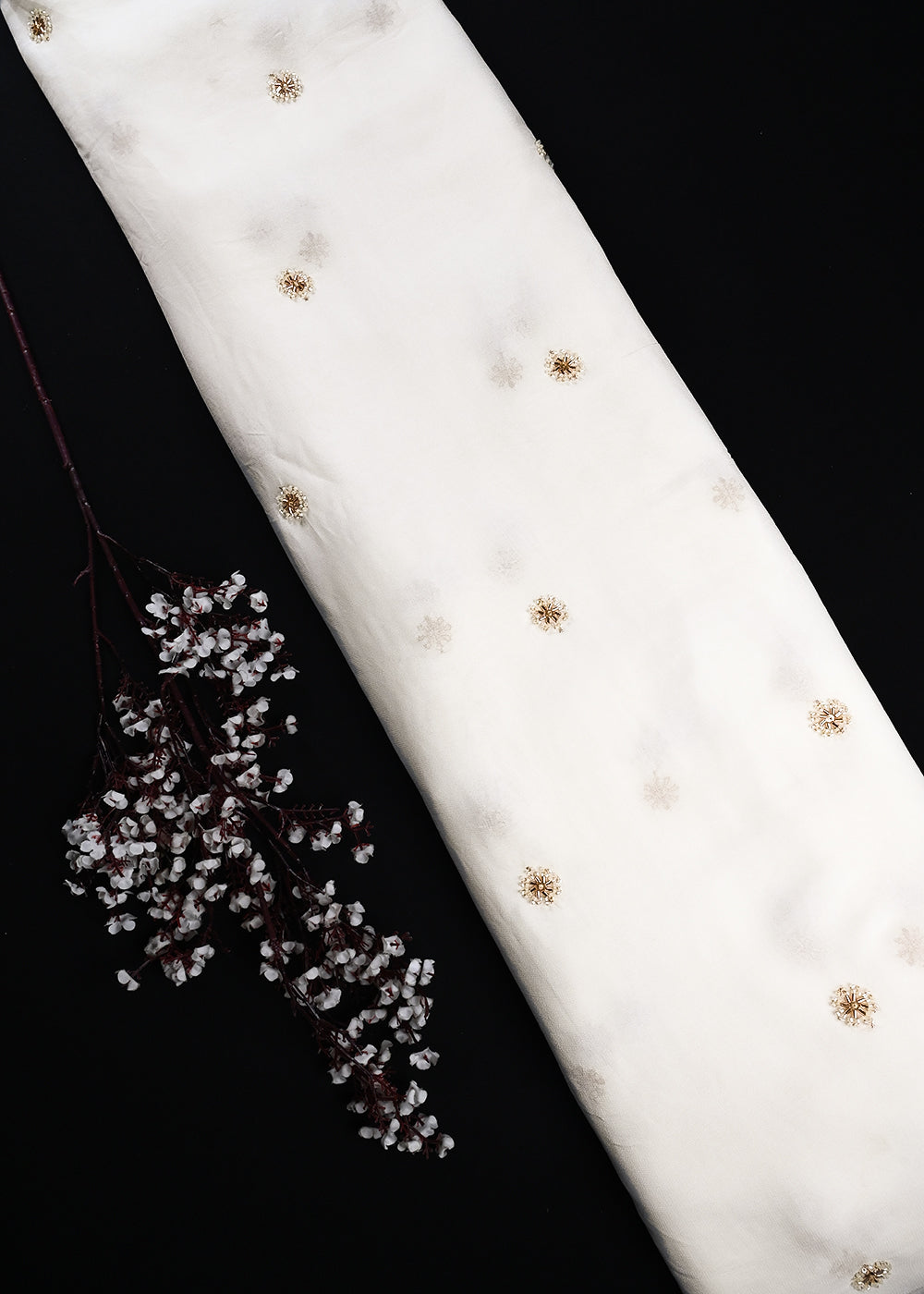 White Dyeable Georgette Fabric With All Over Buti Of Katdana Work 25115