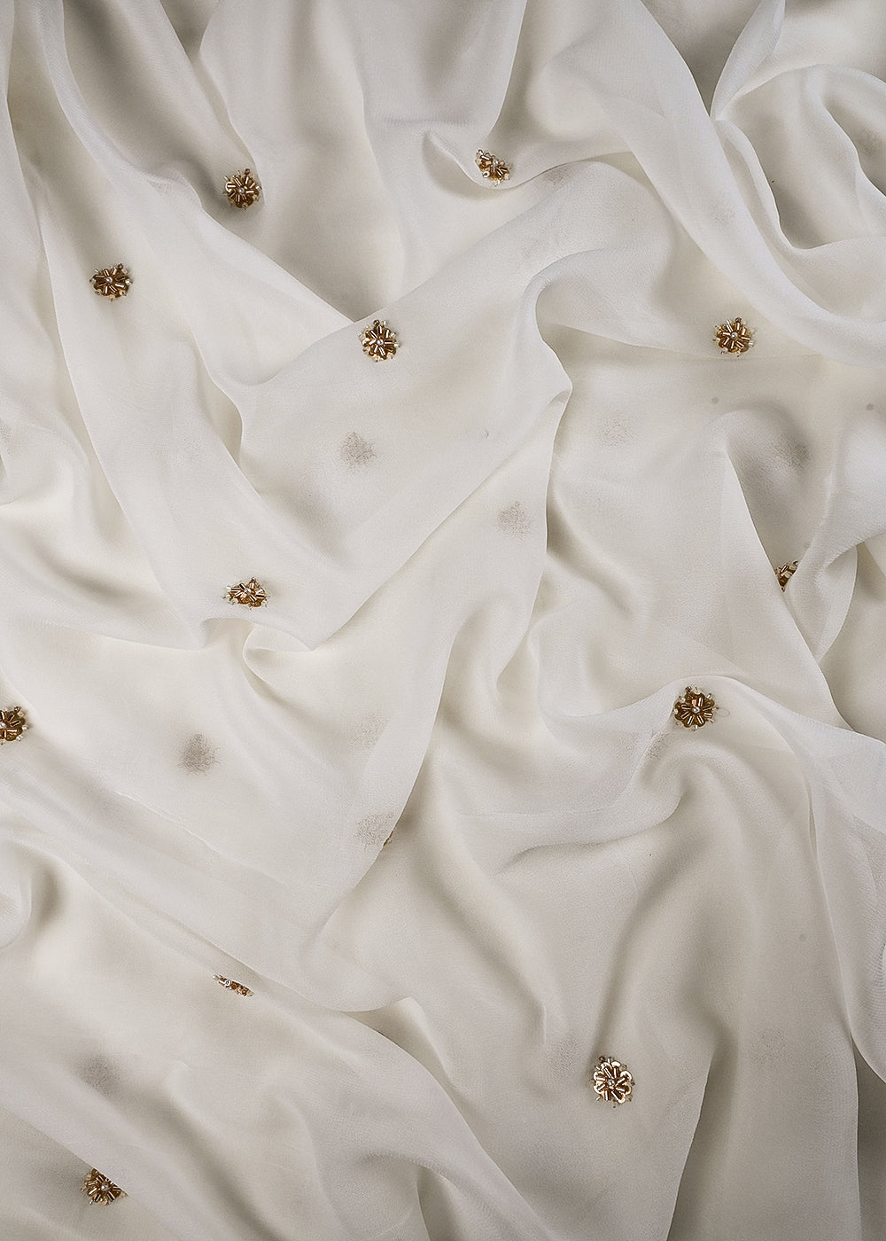 White Dyeable Georgette Fabric With All Over Buti Of Sequins, Katdana And Bead Work 25117