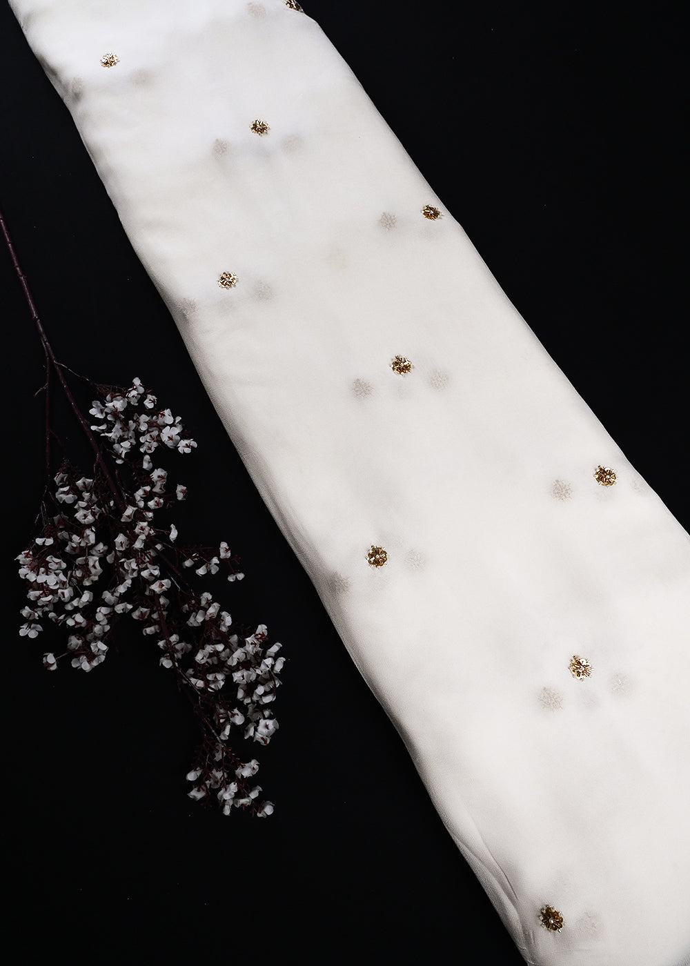 White Dyeable Georgette Fabric With All Over Buti Of Sequins, Katdana And Bead Work 25117