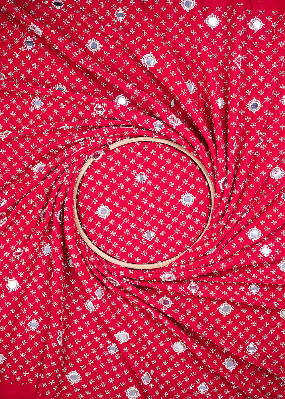 Rani Pink Velvet Fabric With All Over Zari, Sequins, Katdana, Bead And Faux Mirror Work 25119
