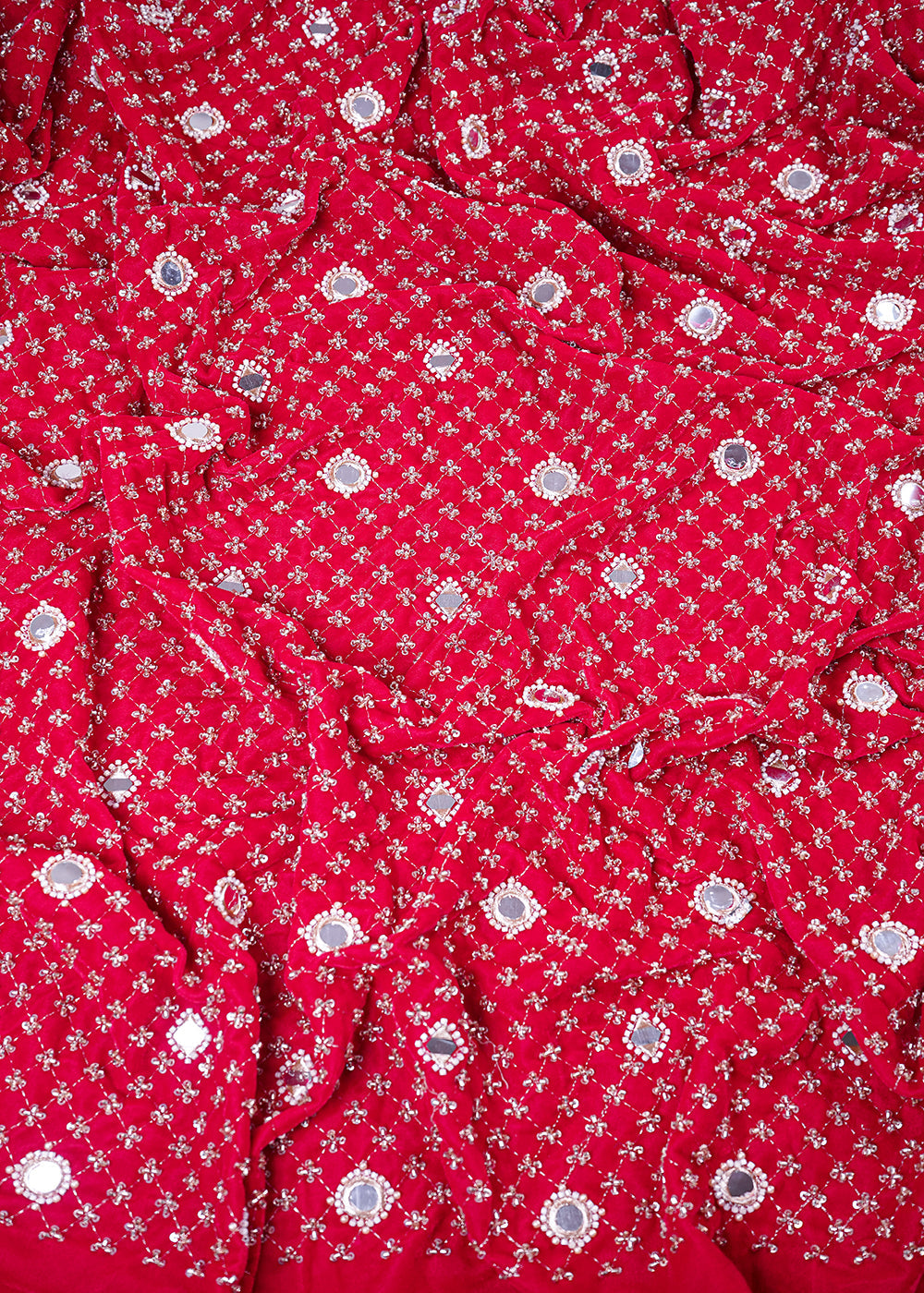Rani Pink Velvet Fabric With All Over Zari, Sequins, Katdana, Bead And Faux Mirror Work 25119