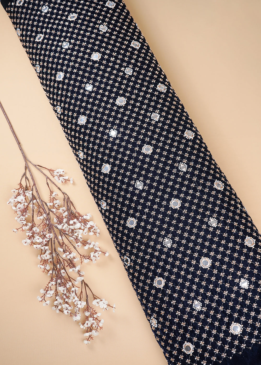 Navy Blue Velvet Fabric With All Over Zari, Sequins, Katdana, Bead And Faux Mirror Work 25120