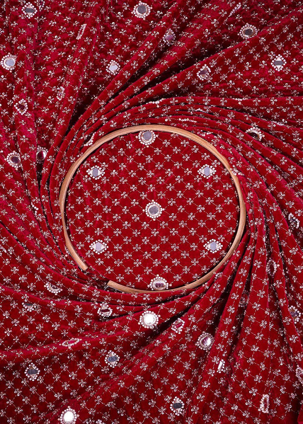Maroon Velvet Fabric With All Over Zari, Sequins, Katdana, Bead And Faux Mirror Work 25121