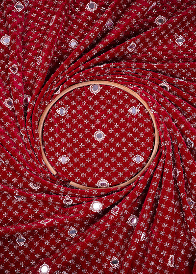 Maroon Velvet Fabric With All Over Zari, Sequins, Katdana, Bead And Faux Mirror Work 25121
