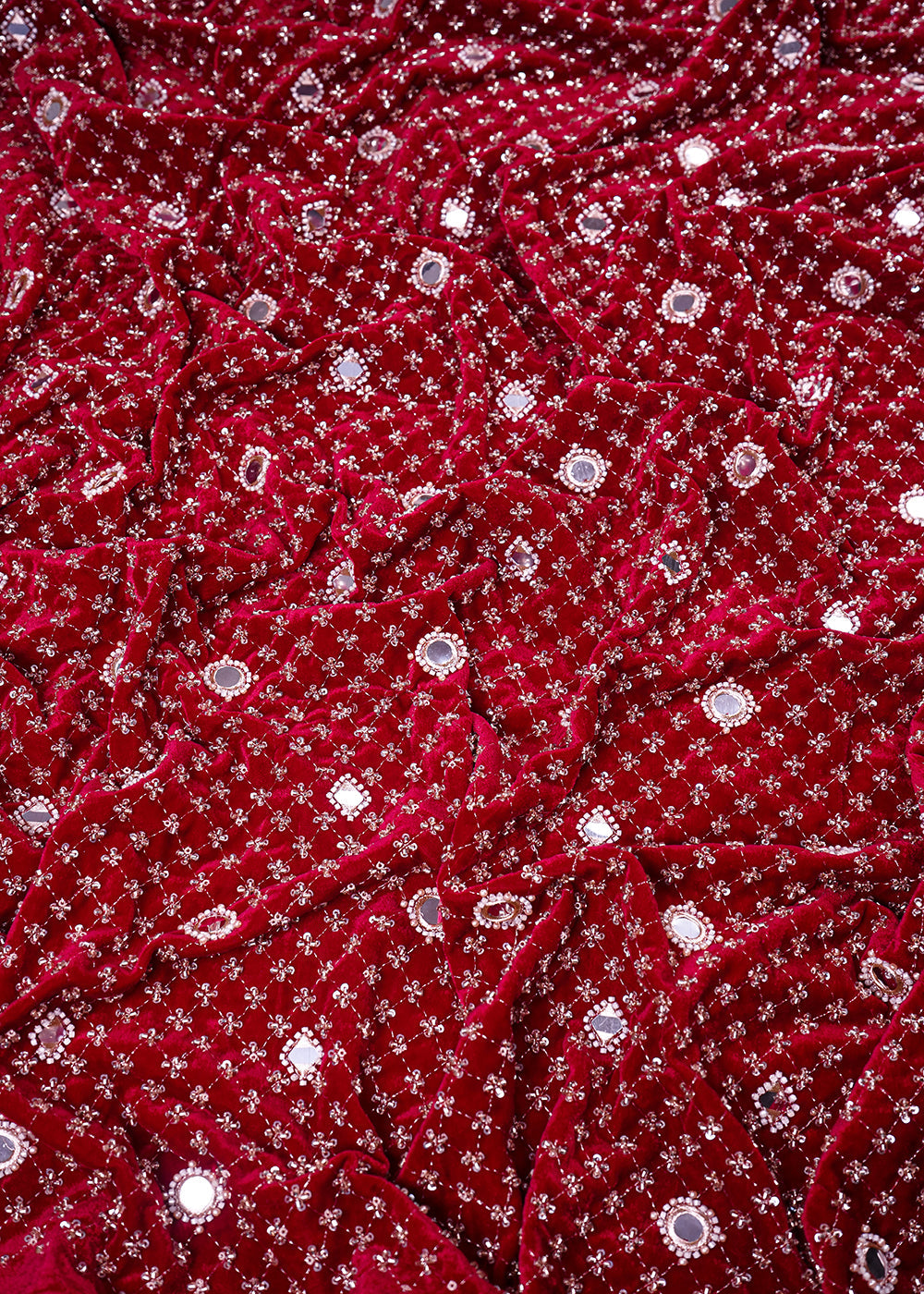 Maroon Velvet Fabric With All Over Zari, Sequins, Katdana, Bead And Faux Mirror Work 25121