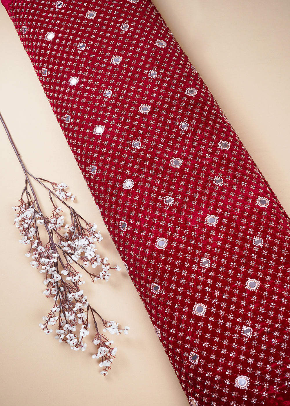 Maroon Velvet Fabric With All Over Zari, Sequins, Katdana, Bead And Faux Mirror Work 25121