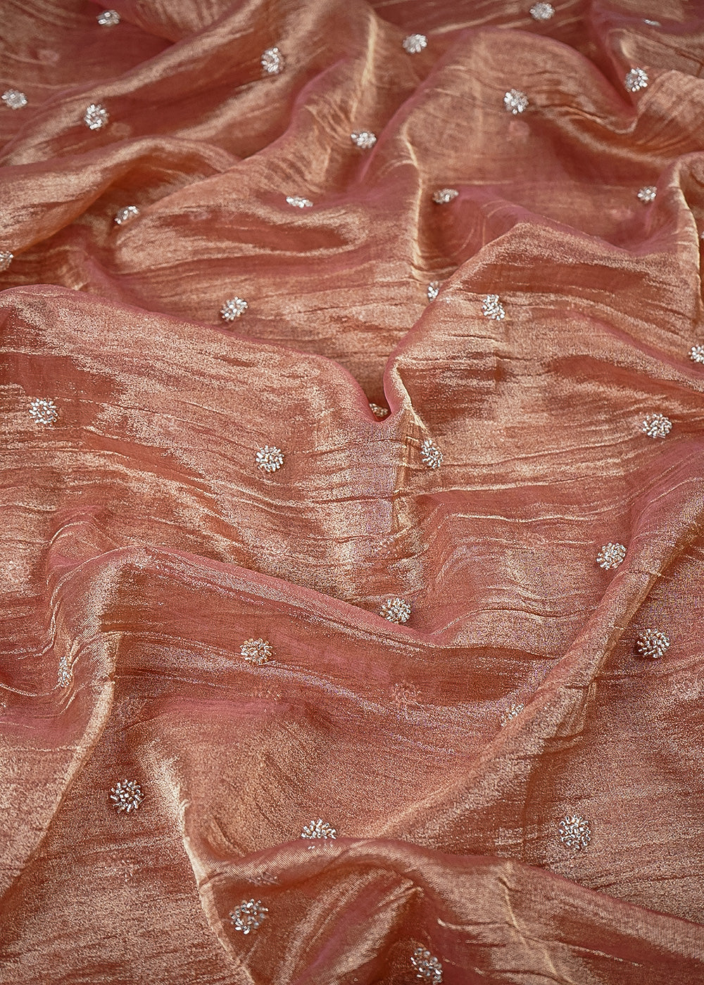 Peach Tissue Fabric With All Over Buti Of Katdana Work 25124