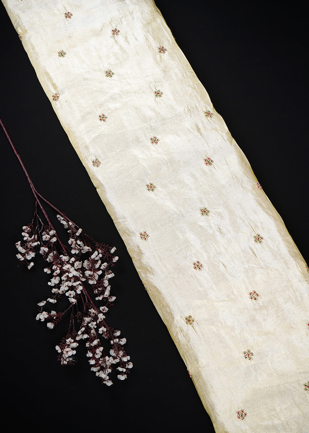 Golden Dyeable Tissue Fabric With All Over Buti Of Katdana Work 25127