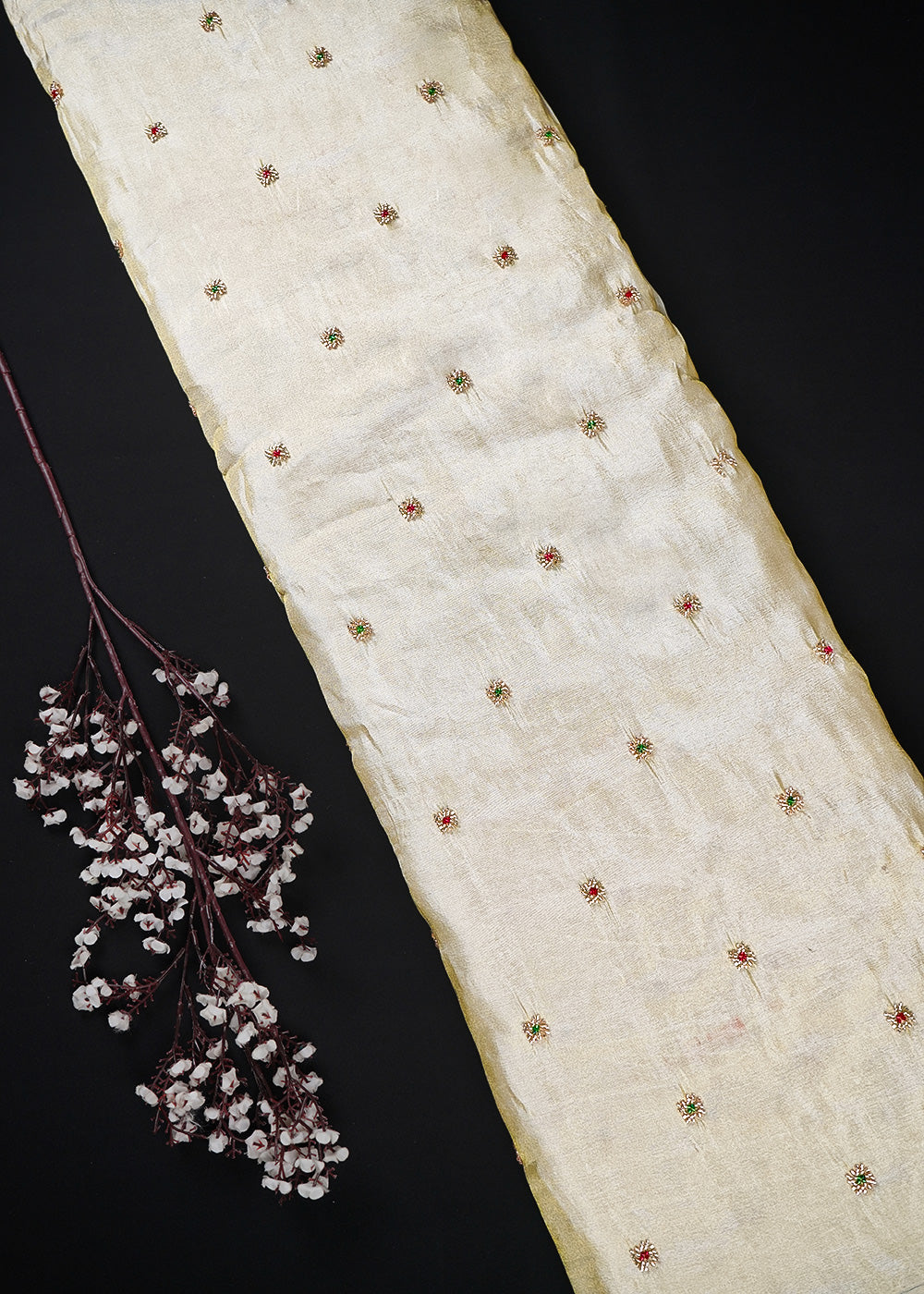 Golden Dyeable Tissue Fabric With All Over Buti Of Katdana Work 25128