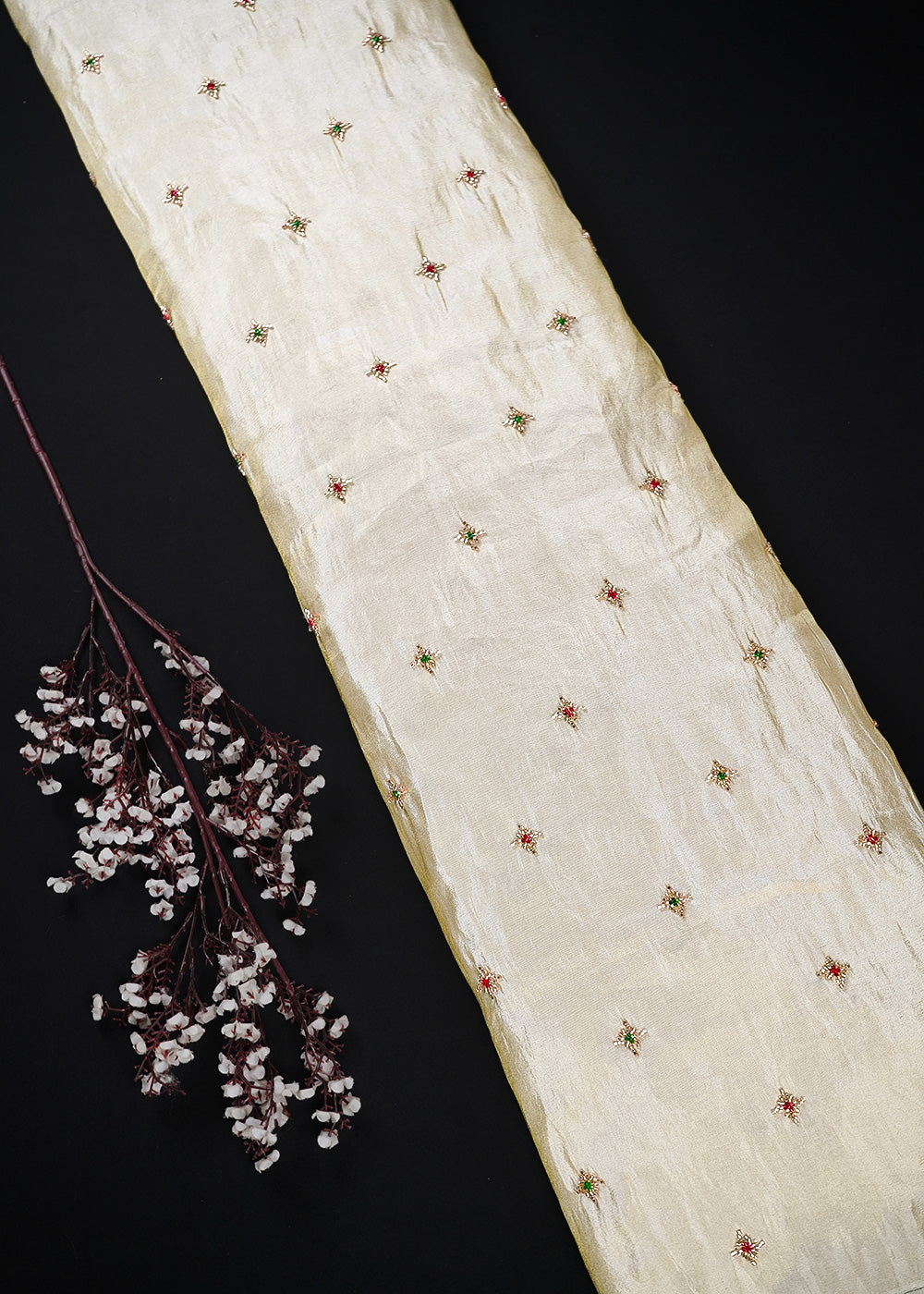 Golden Dyeable Tissue Fabric With All Over Buti Of Katdana Work 25129