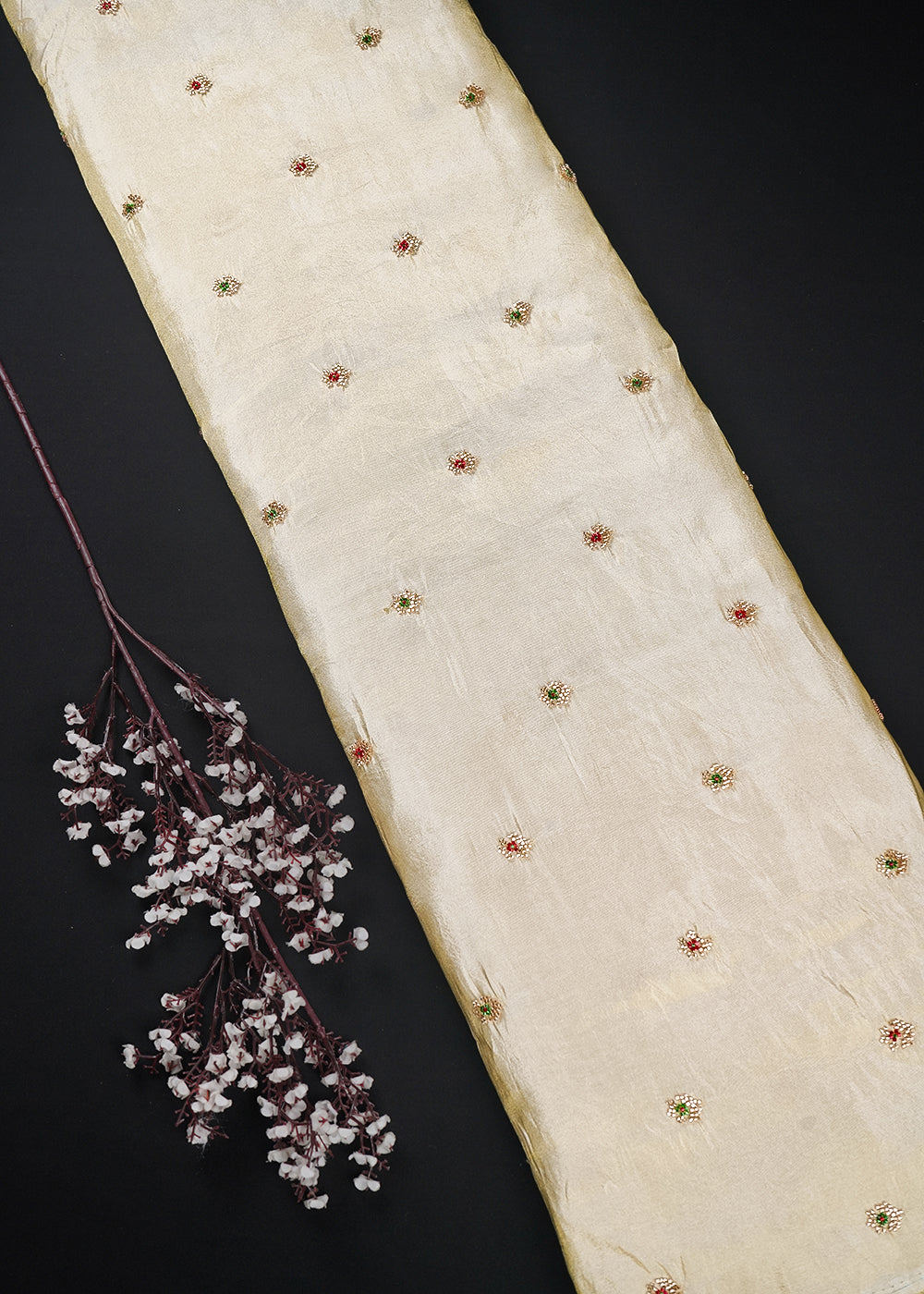 Golden Dyeable Tissue Fabric With All Over Buti Of Katdana Work 25131