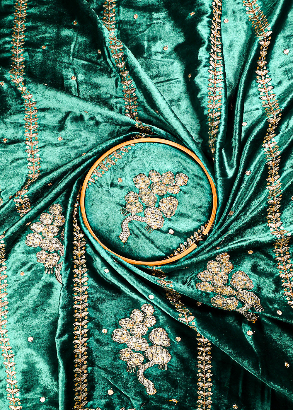 Teal Green Velvet Fabric With All Over Zari And Sequins Work 25138
