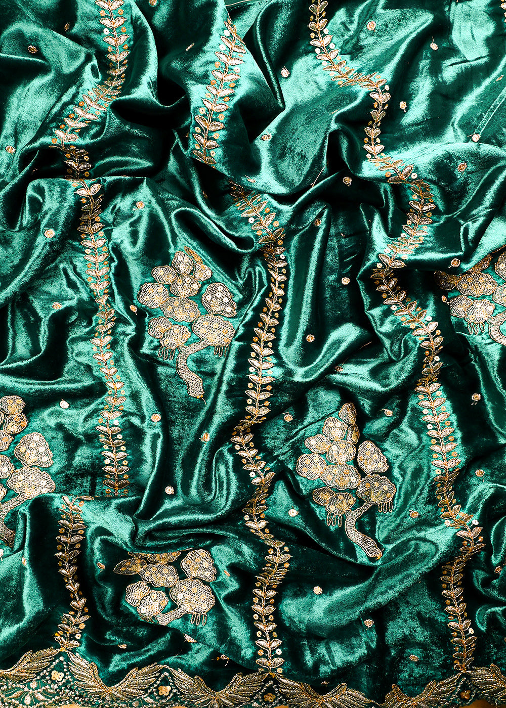 Teal Green Velvet Fabric With All Over Zari And Sequins Work 25138