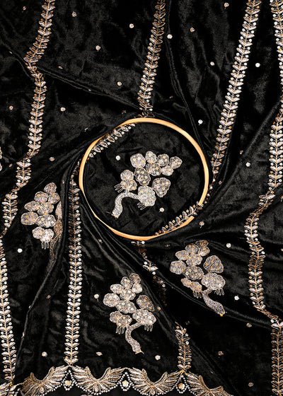 Black Velvet Fabric With All Over Zari And Sequins Work 25139
