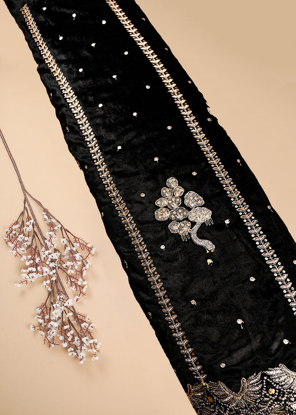Black Velvet Fabric With All Over Zari And Sequins Work 25139
