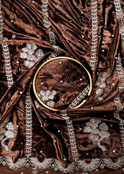 Brown Velvet Fabric With All Over Zari And Sequins Work 25140