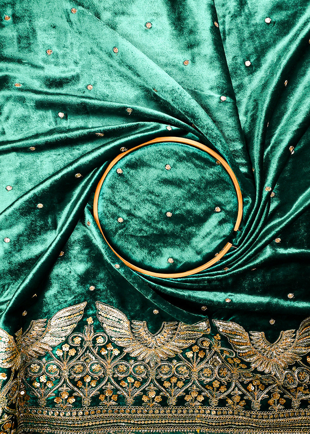 Teal Green Velvet Fabric With All Over Zari And Sequins Work With One Side Border 25141