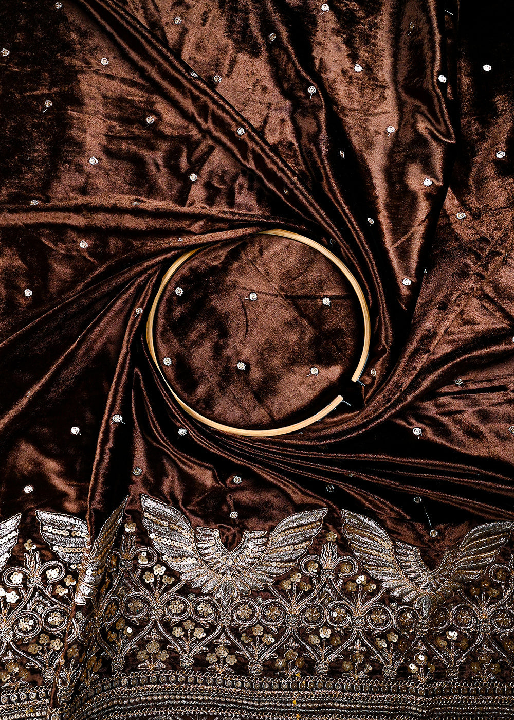 Brown Velvet Fabric With All Over Zari And Sequins Work With One Side Border 25142
