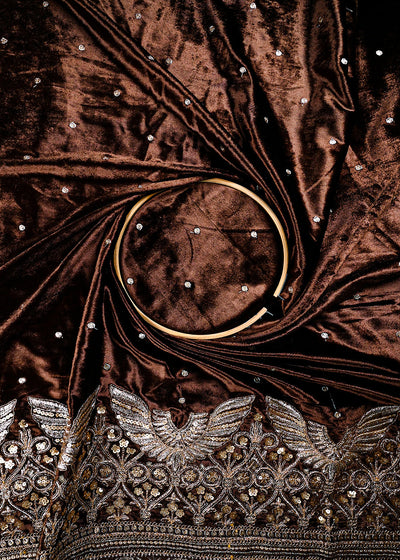 Brown Velvet Fabric With All Over Zari And Sequins Work With One Side Border 25142