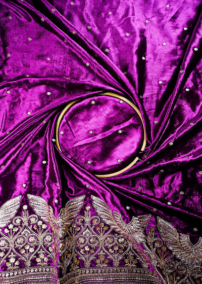 Purple Velvet Fabric With All Over Zari And Sequins Work With One Side Border 25143