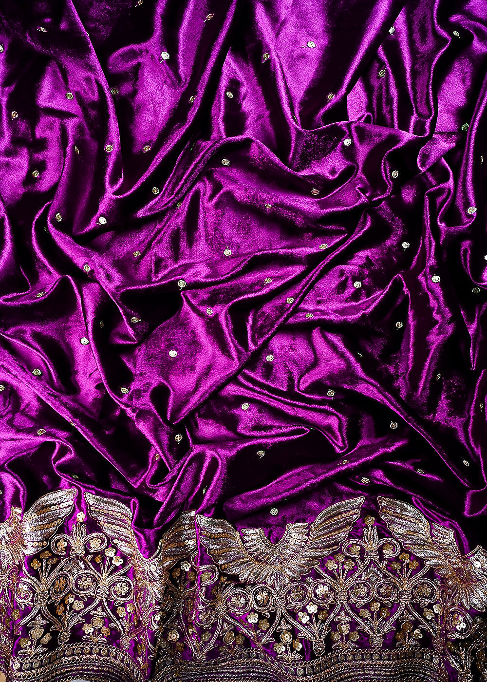 Purple Velvet Fabric With All Over Zari And Sequins Work With One Side Border 25143