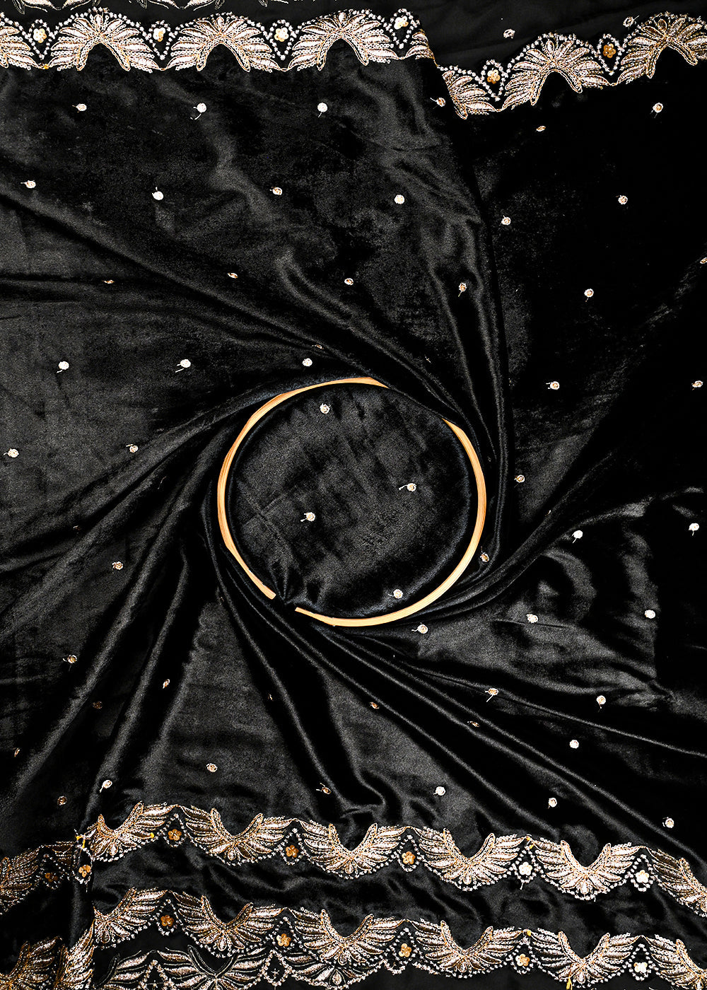 Black Velvet Dupatta Fabric With All Over Zari And Sequins Work With Both Side Border 25145