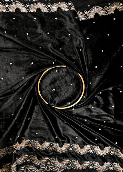 Black Velvet Dupatta Fabric With All Over Zari And Sequins Work With Both Side Border 25145