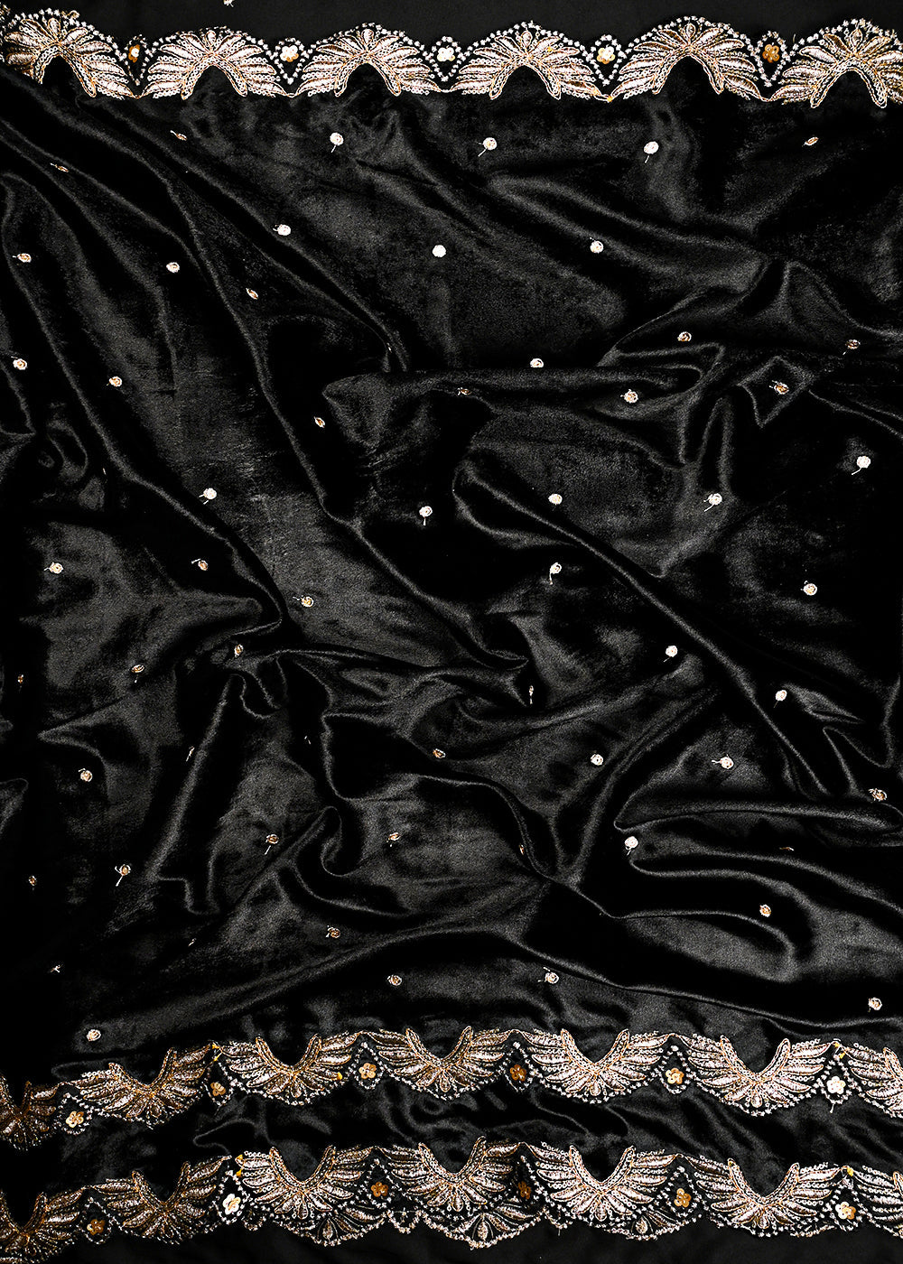 Black Velvet Dupatta Fabric With All Over Zari And Sequins Work With Both Side Border 25145