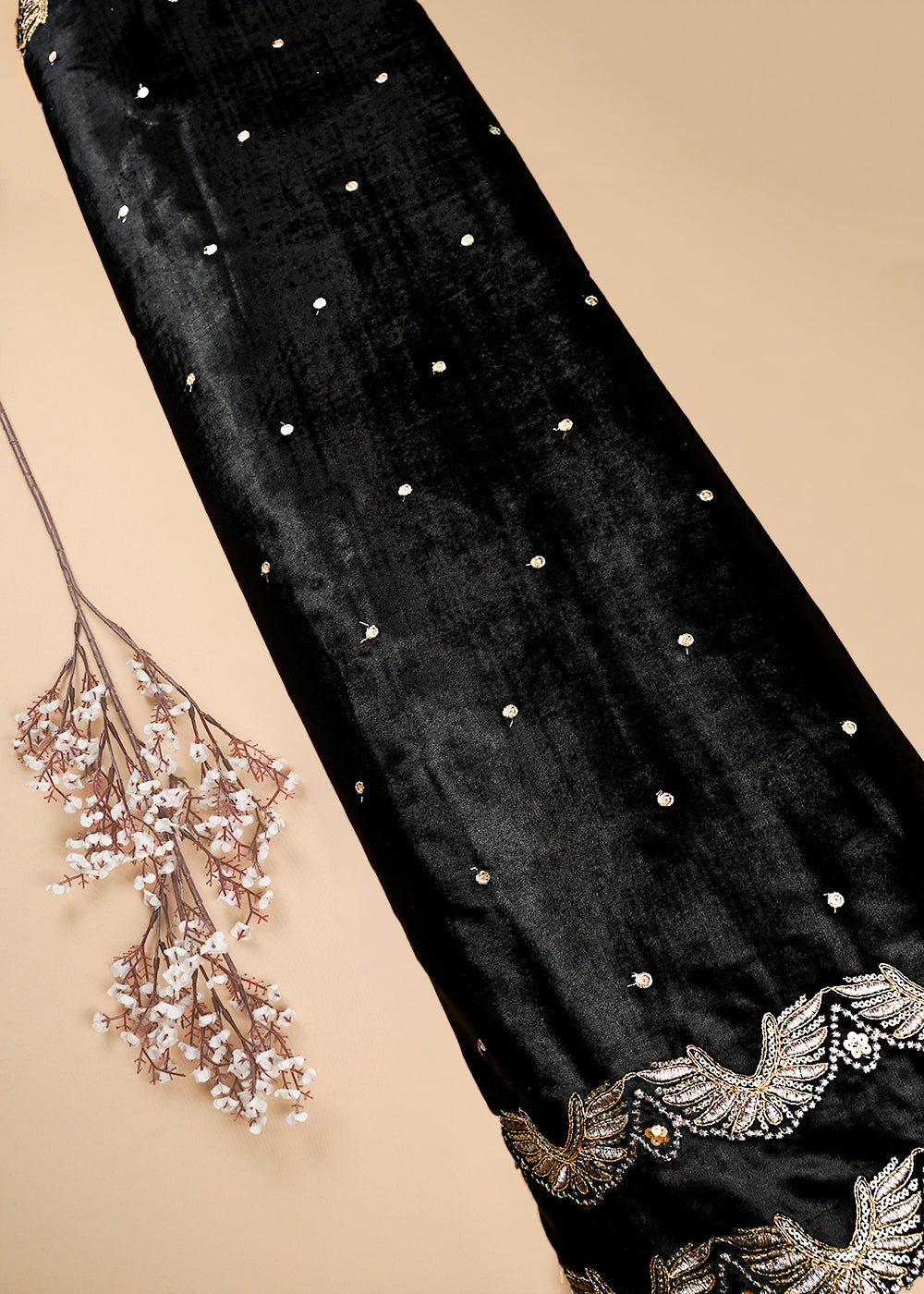 Black Velvet Dupatta Fabric With All Over Zari And Sequins Work With Both Side Border 25145