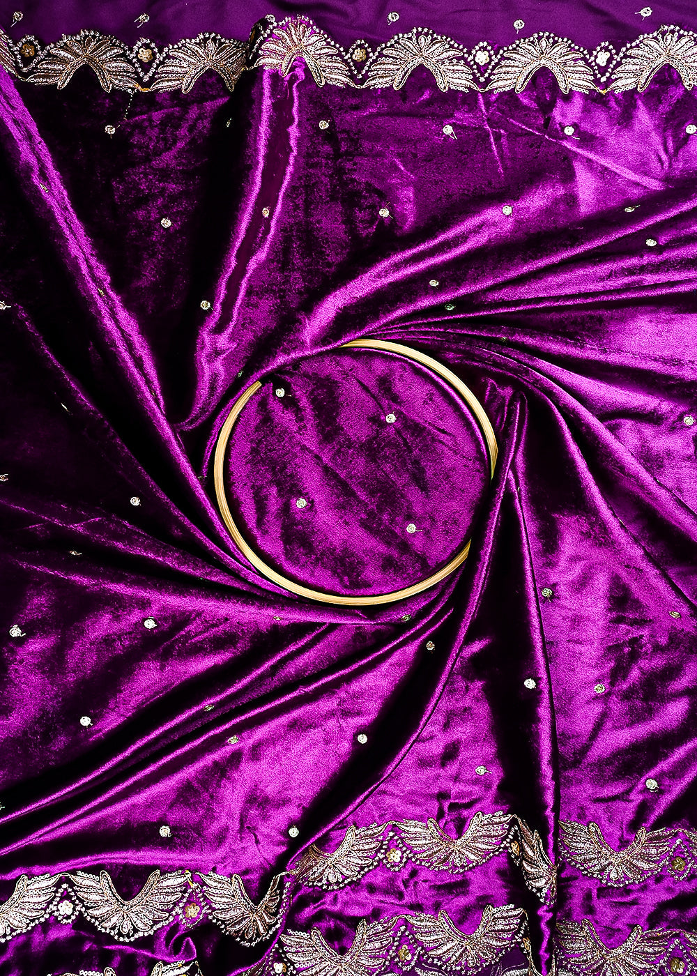 Purple Velvet Dupatta Fabric With All Over Zari And Sequins Work With Both Side Border 25146