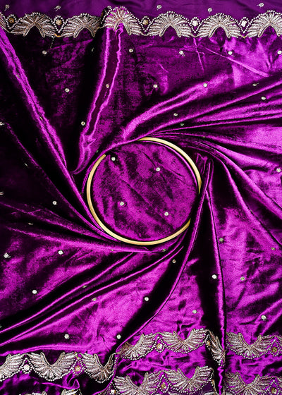Purple Velvet Dupatta Fabric With All Over Zari And Sequins Work With Both Side Border 25146