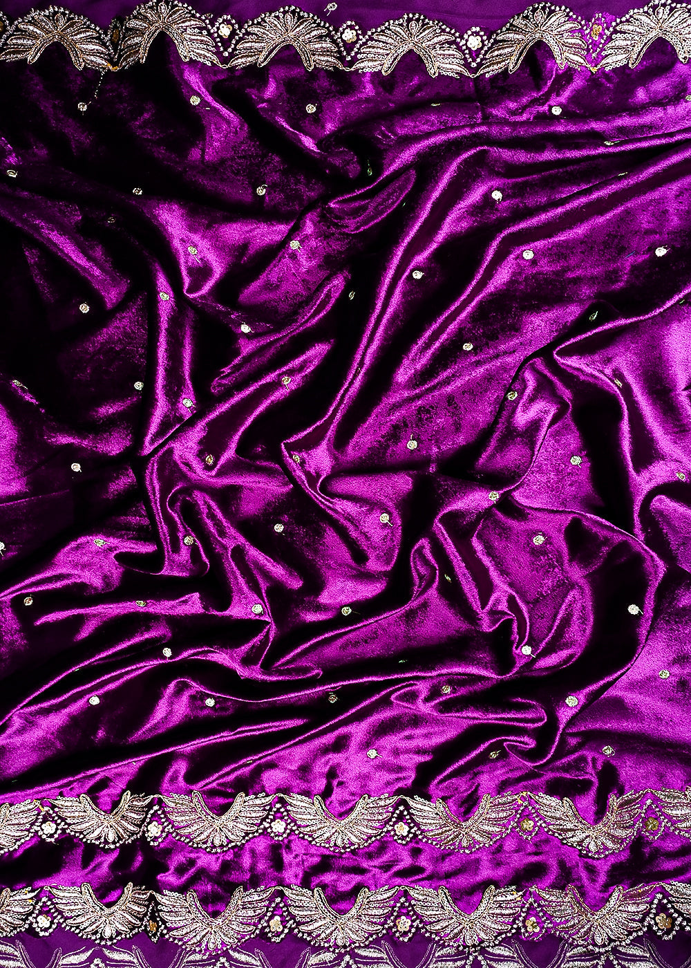 Purple Velvet Dupatta Fabric With All Over Zari And Sequins Work With Both Side Border 25146