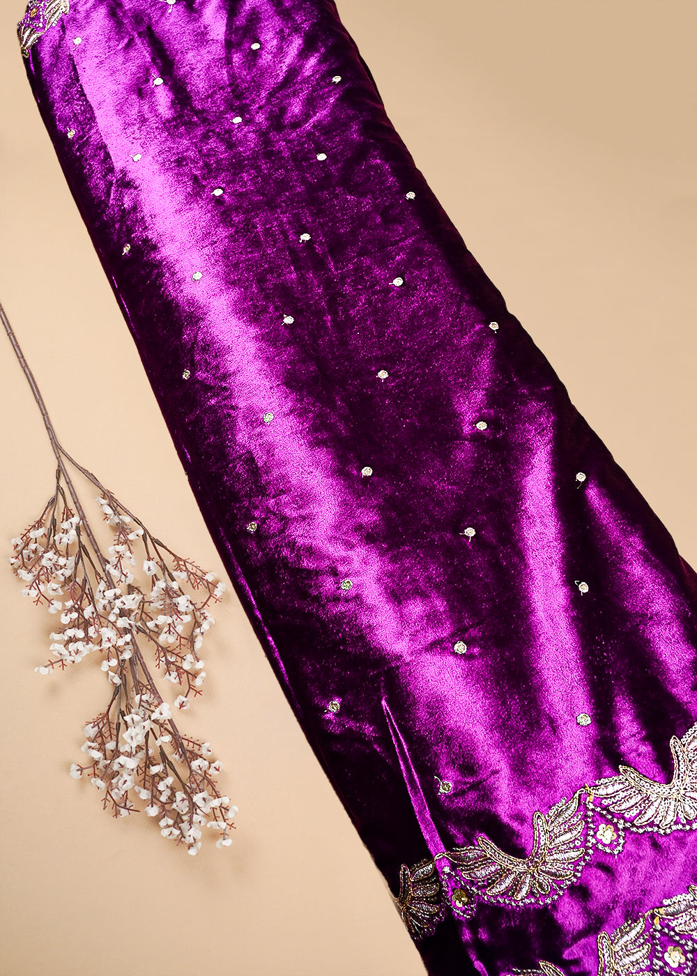 Purple Velvet Dupatta Fabric With All Over Zari And Sequins Work With Both Side Border 25146